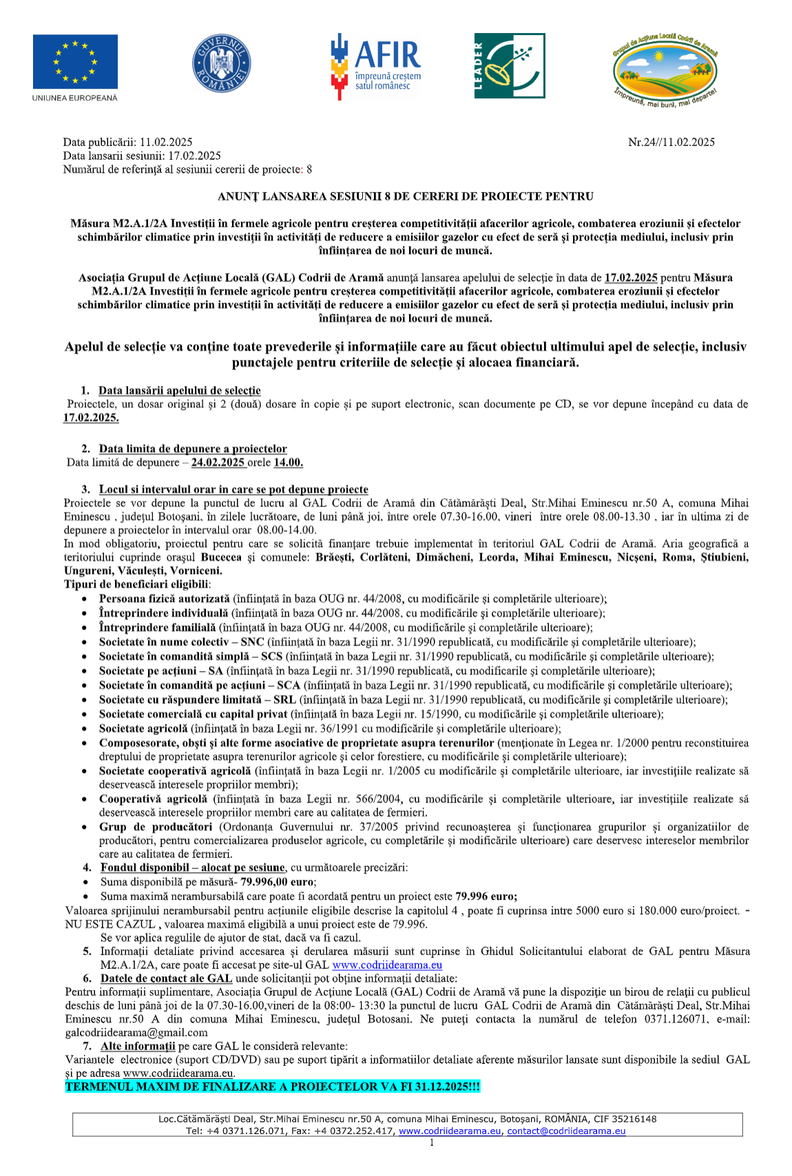 Anunț lansarea sesiunii 8 de cereri de proiecte pentru Măsura M2.A.1/2A