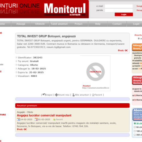 Un anunț gratuit stabilește recorduri pe site-ul Monitorul