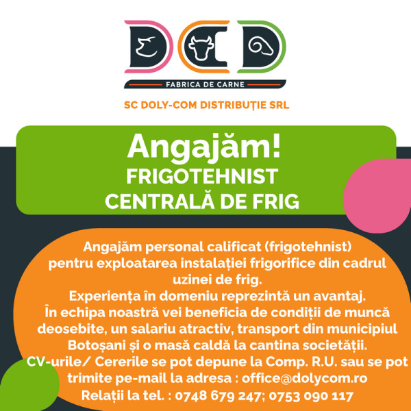 Doly Com Distribuție Botoșani caută frigotehnist pentru uzina de frig