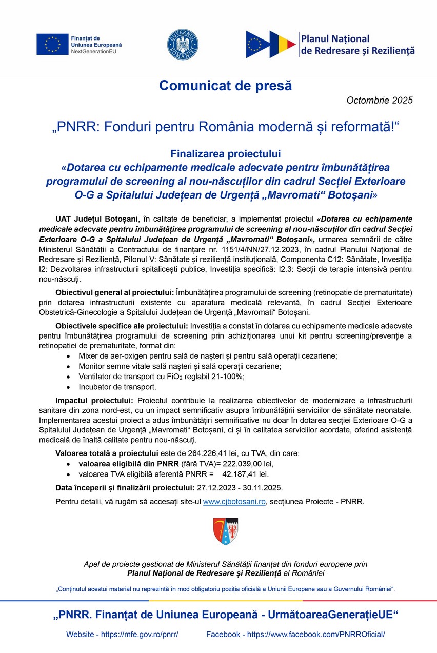 Județul Botoșani a dotat Secția Exterioară O-G cu echipamente medicale pentru screeningul nou-născuților