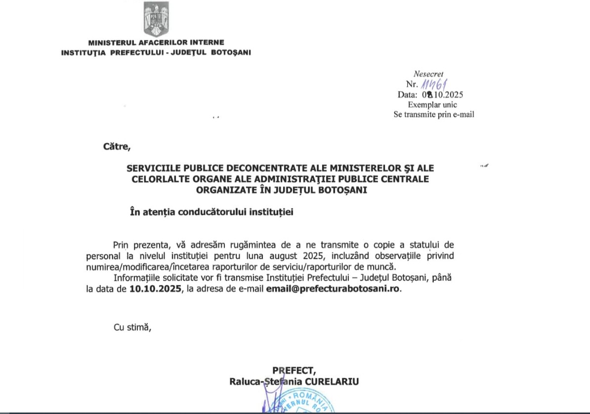 Prefectul de Botoșani solicită copiile statelor de personal ale instituțiilor publice
