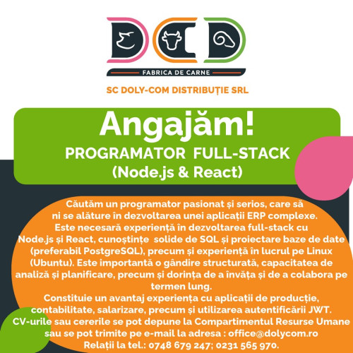 Oportunitate pentru programator full-stack cu experiență în Node.js și React